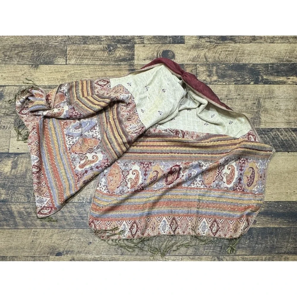 Vintage Style Knit Burgundy‎ Gold Pashmina Scarf Wrap Shawl
